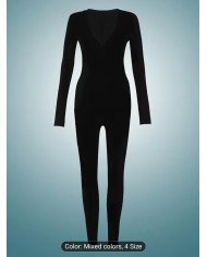 1 pc Set, Autumn Women'S Deep V-Neck Solid Color Jumpsuit, Fitted And Easy Comfortable Jumpsuit