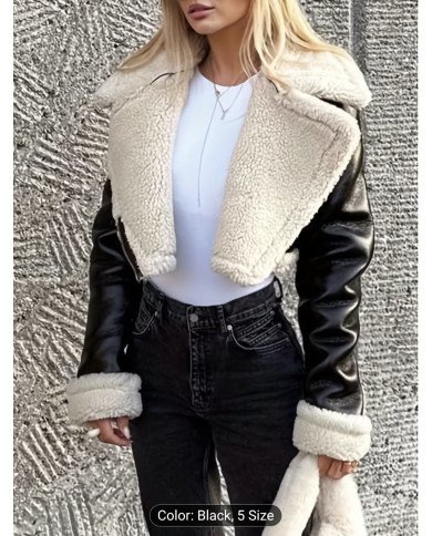 Street Collar Zipper, Rollable Cuffs, Teddy Lined, Motorcycle Jacket Jacket