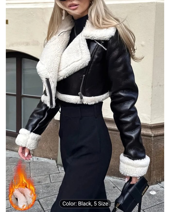 Street Collar Zipper, Rollable Cuffs, Teddy Lined, Motorcycle Jacket Jacket