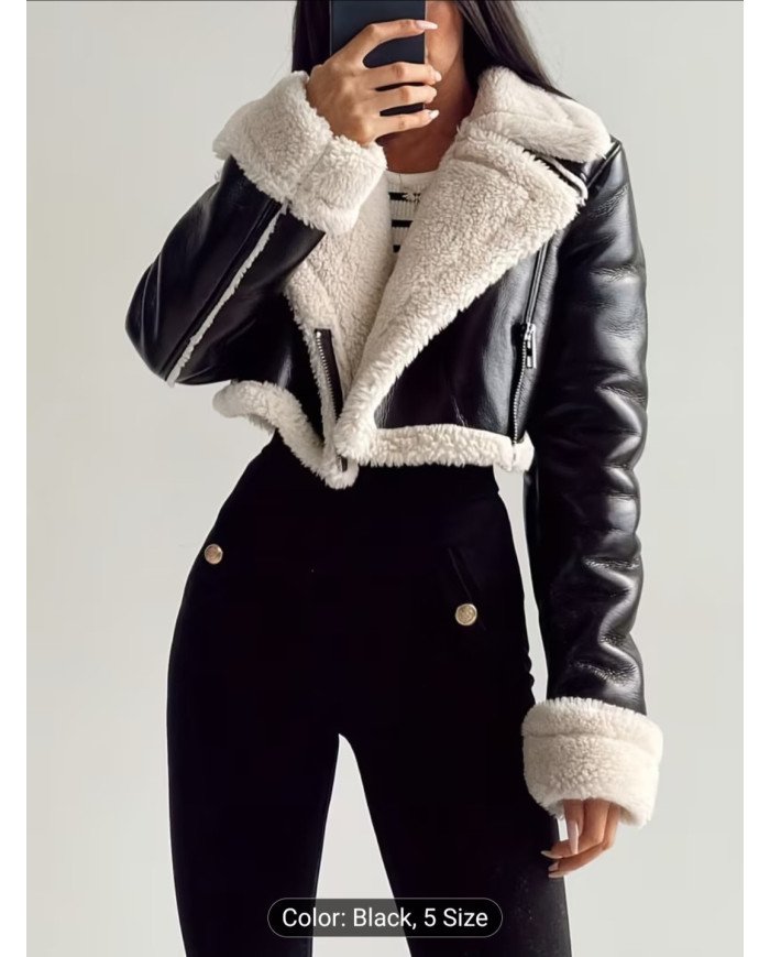 Street Collar Zipper, Rollable Cuffs, Teddy Lined, Motorcycle Jacket Jacket