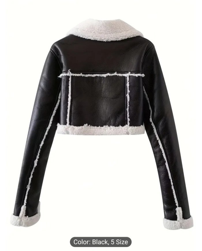 Street Collar Zipper, Rollable Cuffs, Teddy Lined, Motorcycle Jacket Jacket