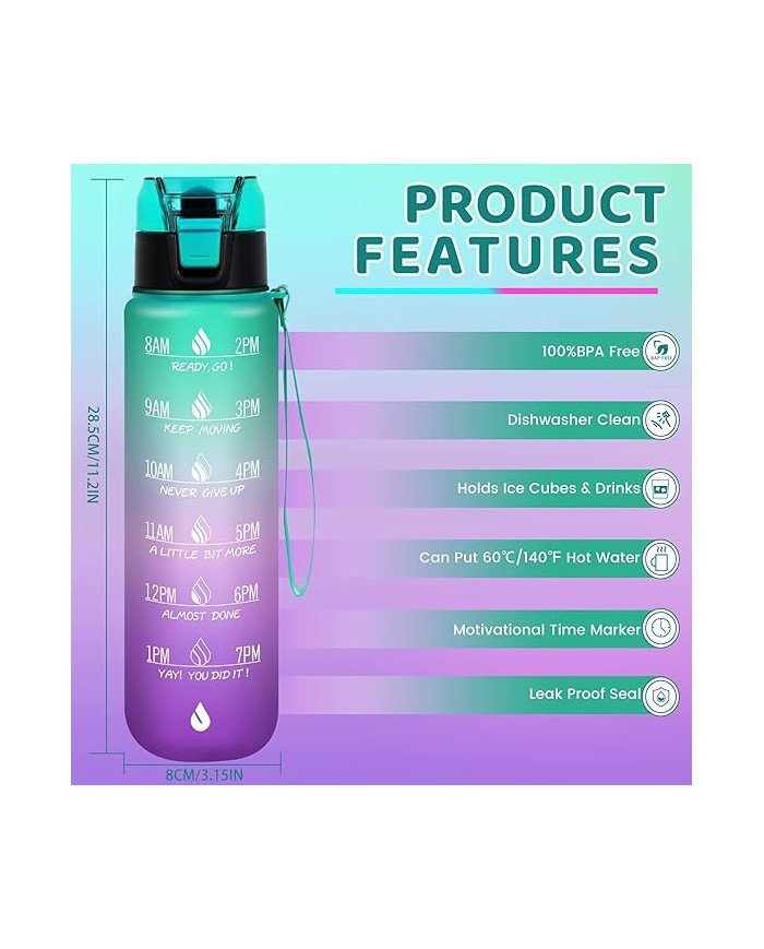 32 oz Water Bottles with Times to Drink:Motivational Water Bottle with Time Marker & Removable Strainer