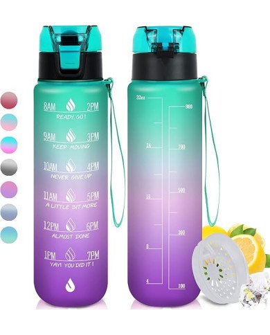 32 oz Water Bottles with Times to Drink:Motivational Water Bottle with Time Marker & Removable Strainer
