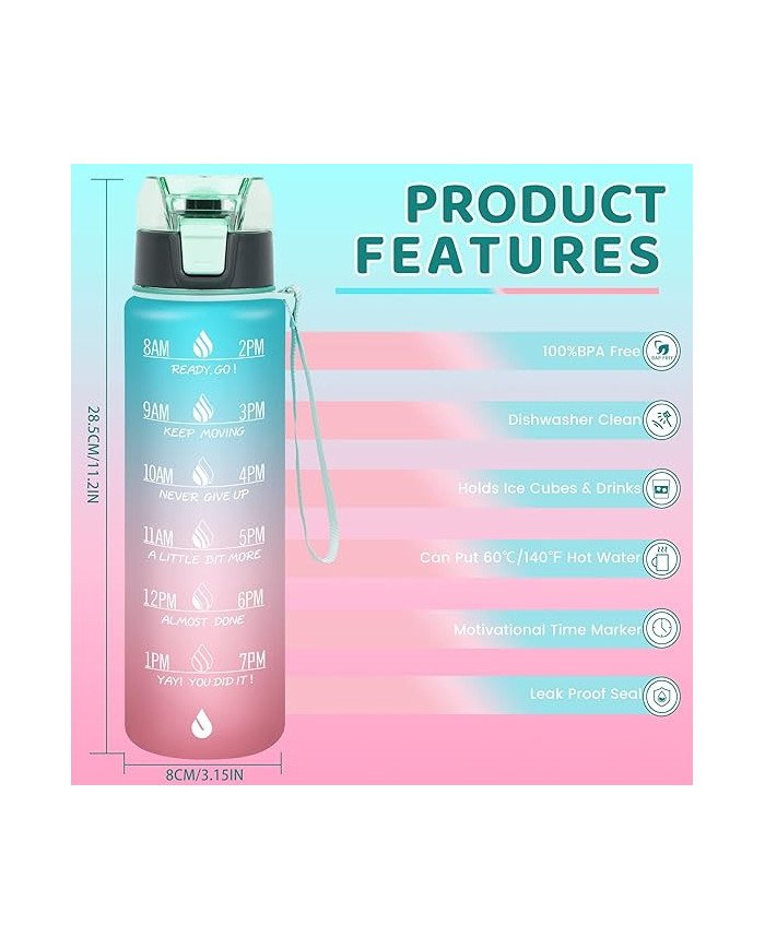 32 oz Water Bottles with Times to Drink:Motivational Water Bottle with Time Marker & Removable Strainer