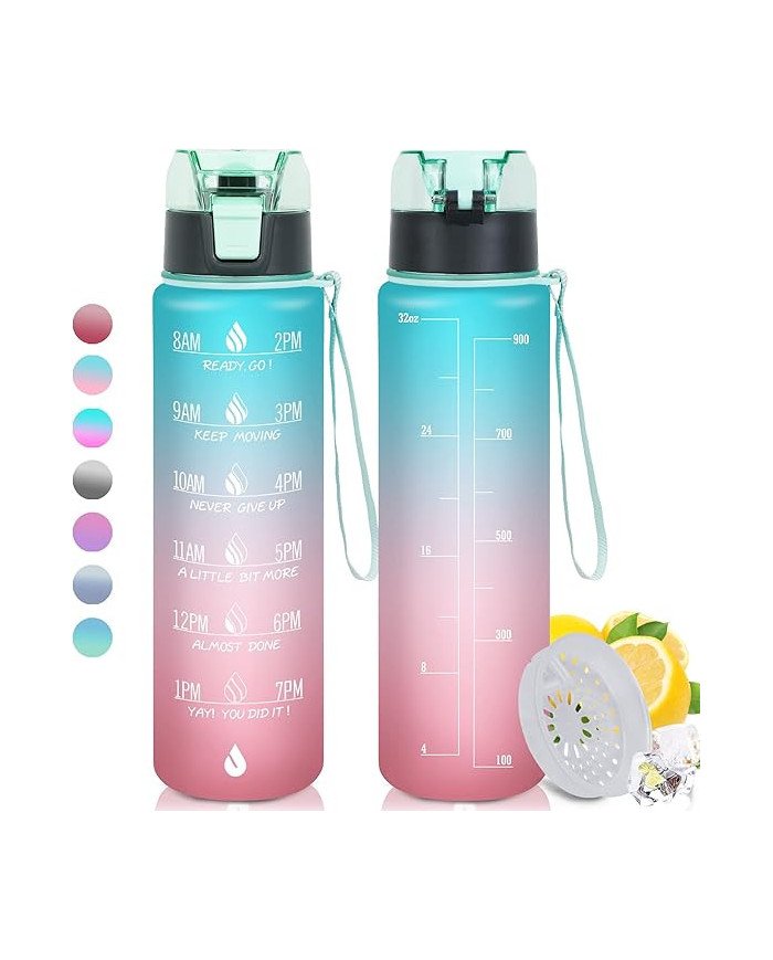 32 oz Water Bottles with Times to Drink:Motivational Water Bottle with Time Marker & Removable Strainer