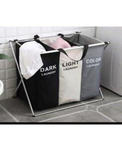 collapsible X-frame laundry sorter/hamper with multiple sections for separating dark, light, and color laundry