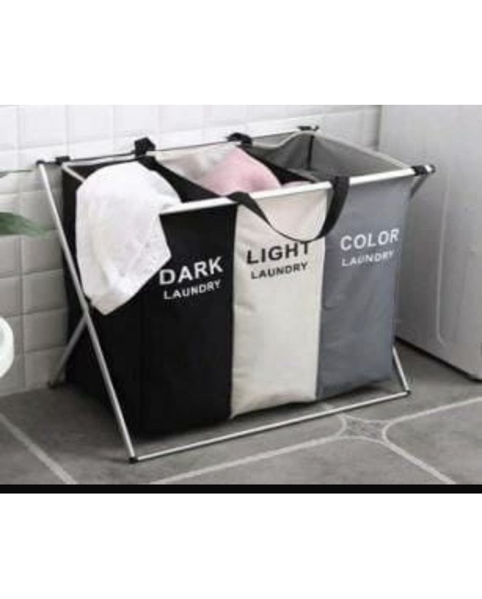 collapsible X-frame laundry sorter/hamper with multiple sections for separating dark, light, and color laundry