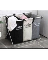 collapsible X-frame laundry sorter/hamper with multiple sections for separating dark, light, and color laundry