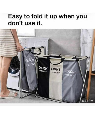 collapsible X-frame laundry sorter/hamper with multiple sections for separating dark, light, and color laundry