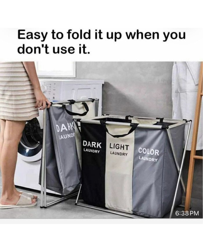 collapsible X-frame laundry sorter/hamper with multiple sections for separating dark, light, and color laundry