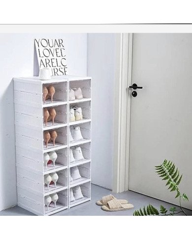 stackable modular shoe storage cabinet — clear-front, drop-down shoe organizer box