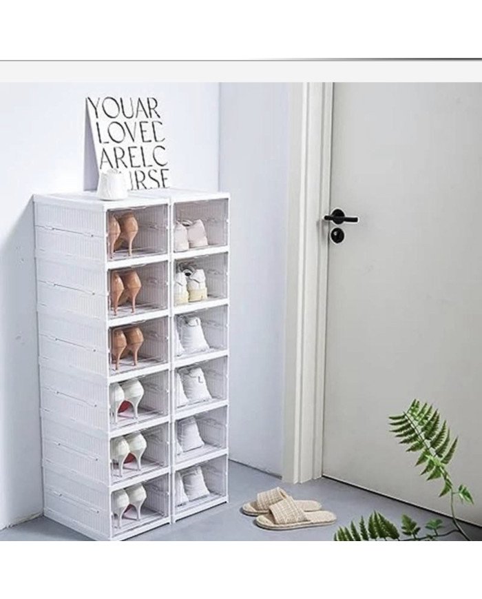 stackable modular shoe storage cabinet — clear-front, drop-down shoe organizer box