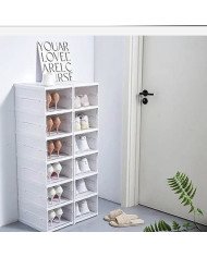 stackable modular shoe storage cabinet — clear-front, drop-down shoe organizer box