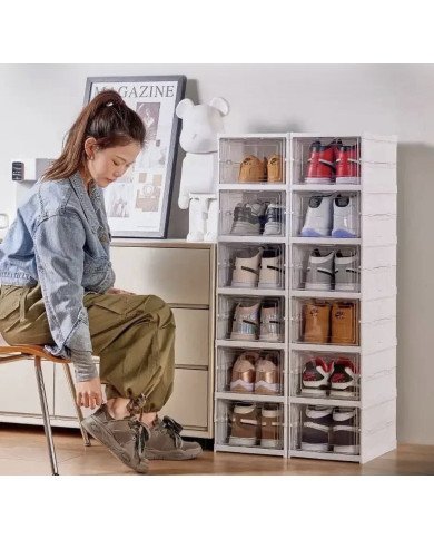 stackable modular shoe storage cabinet — clear-front, drop-down shoe organizer box