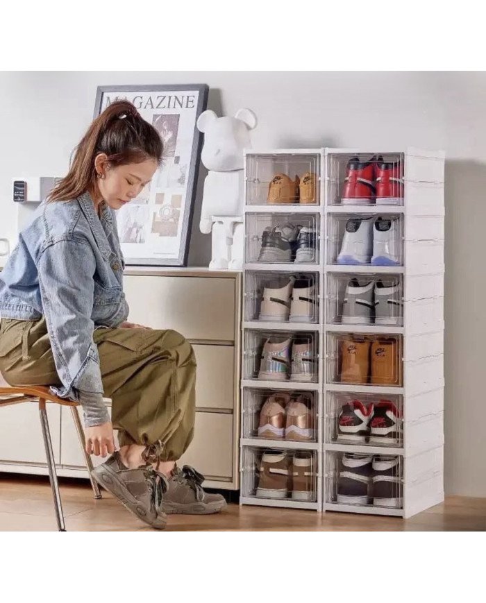 stackable modular shoe storage cabinet — clear-front, drop-down shoe organizer box